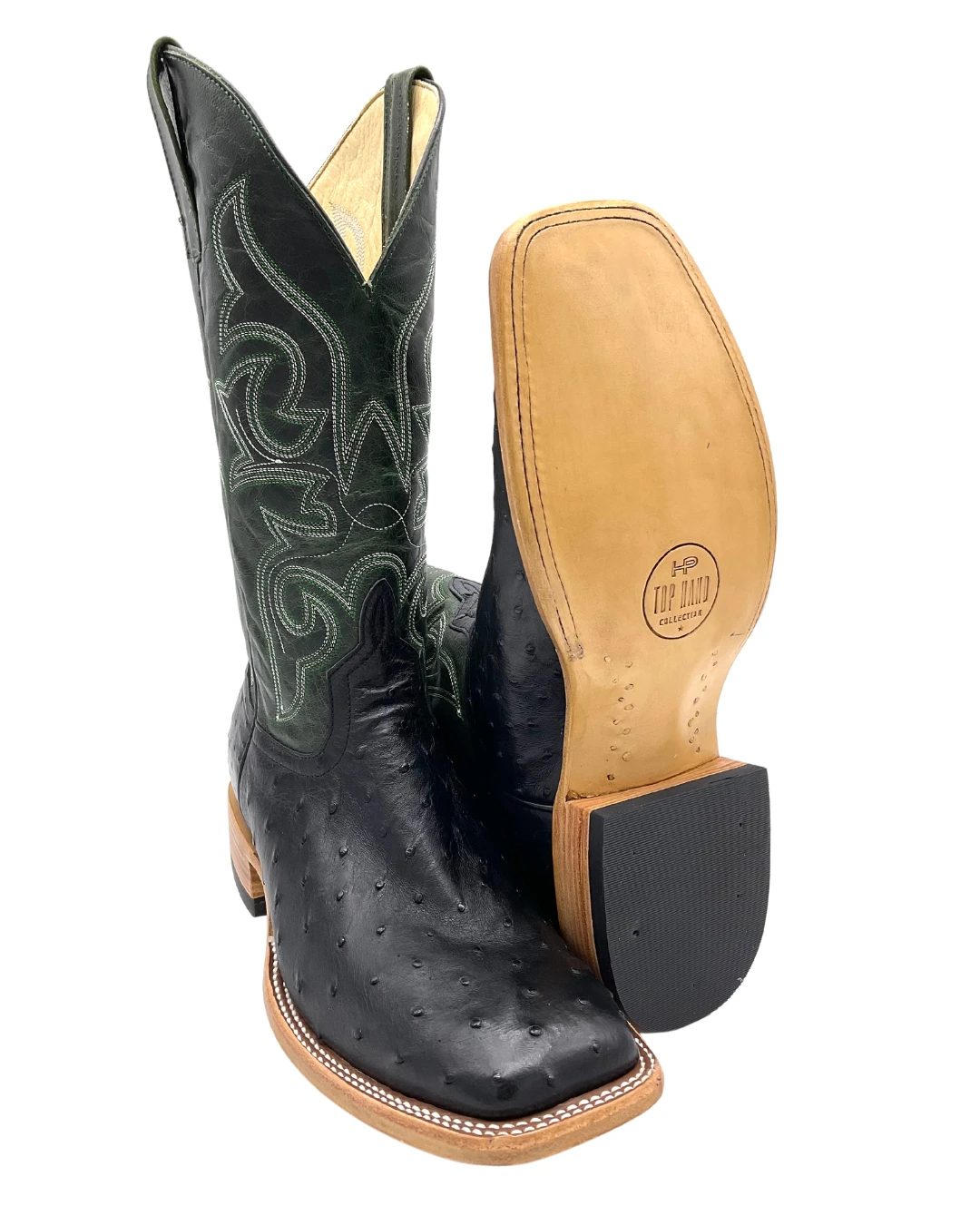 'Anderson Bean' Men's 13" HorsePower Top Hand Full Quill Ostrich - Black / Emerald Explosion - Image 2