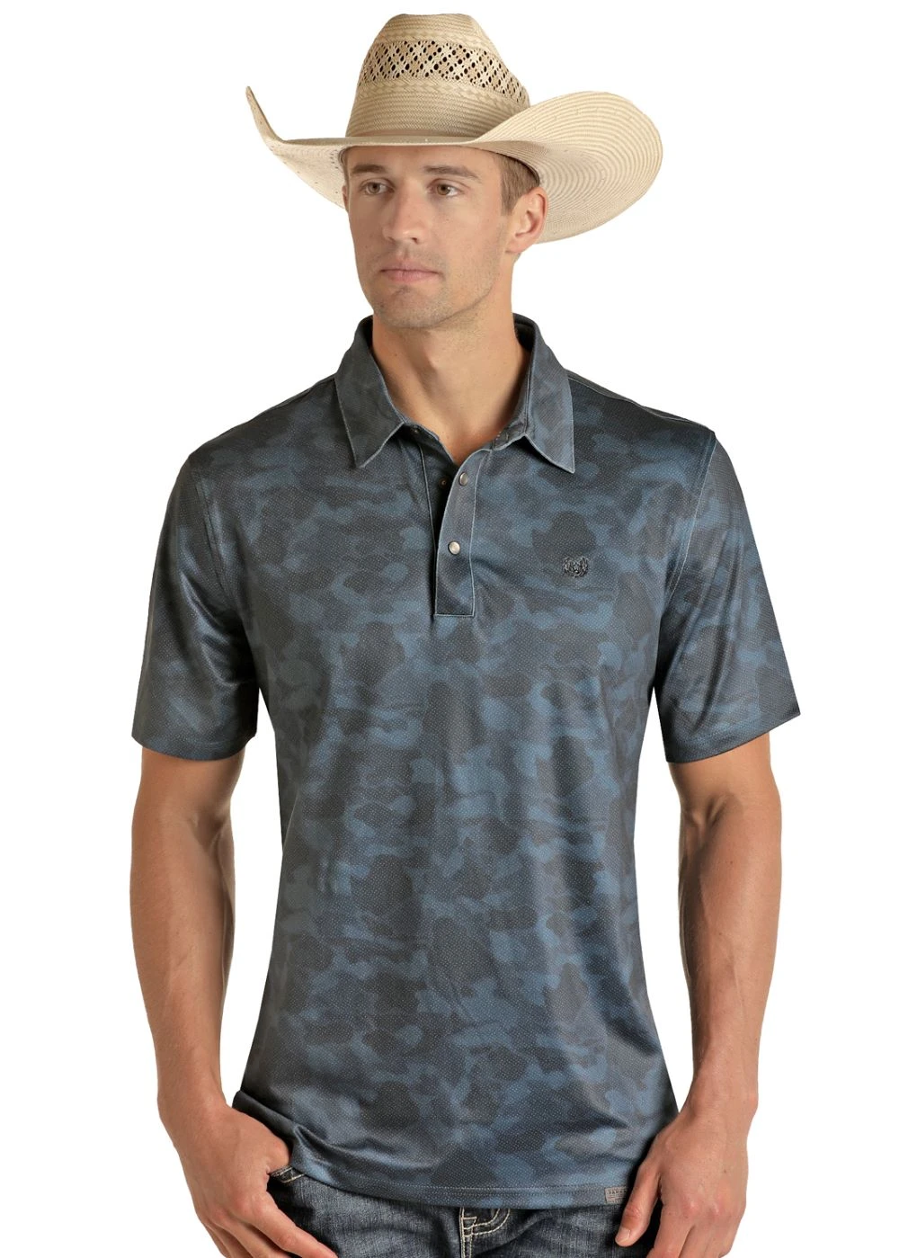 'Panhandle' Men's Performance Camo Snap Knit Polo - Navy